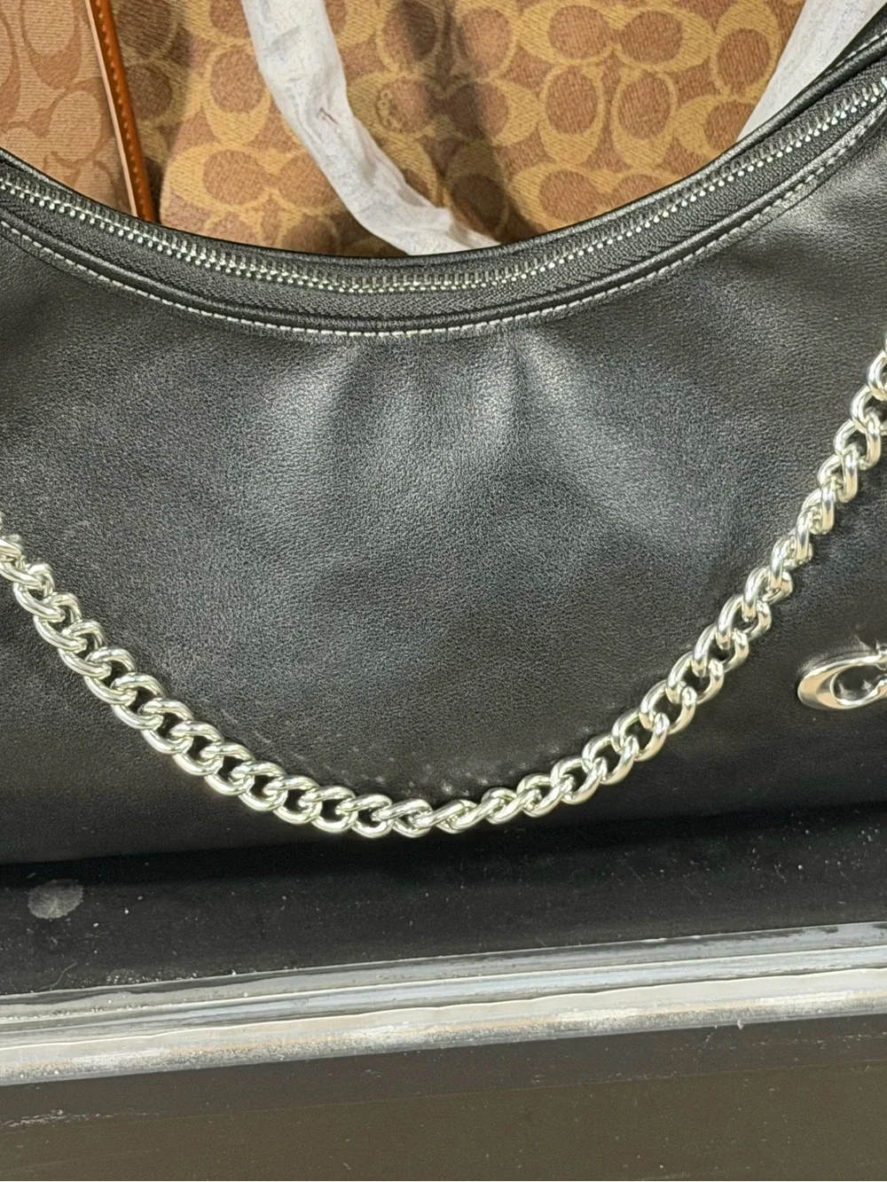 Coach Black Leather Shoulder Bag with Silver Chain Strap